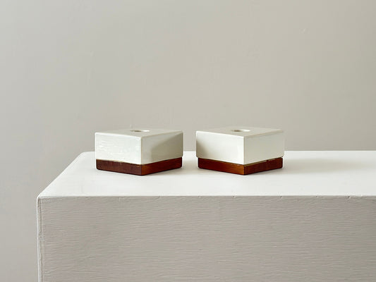 1950s – Pair of porcelain and walnut candle holders by Michael Lax for Raymor