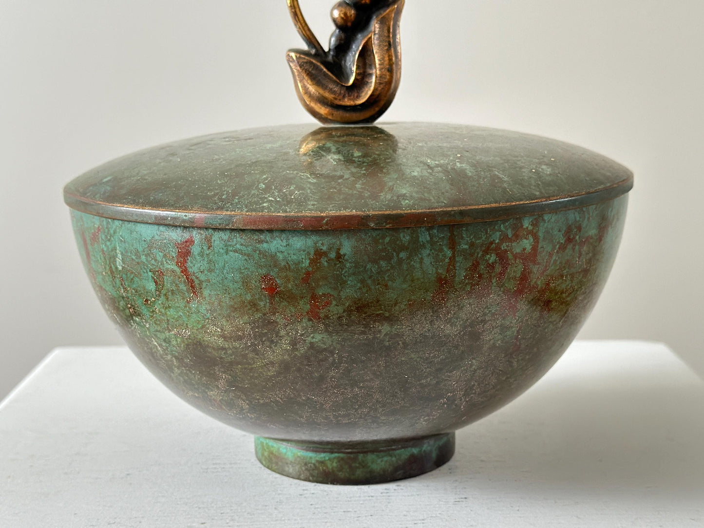 1930s – Bronze lidded bowl by Carl Sorensen with green verdigris patina