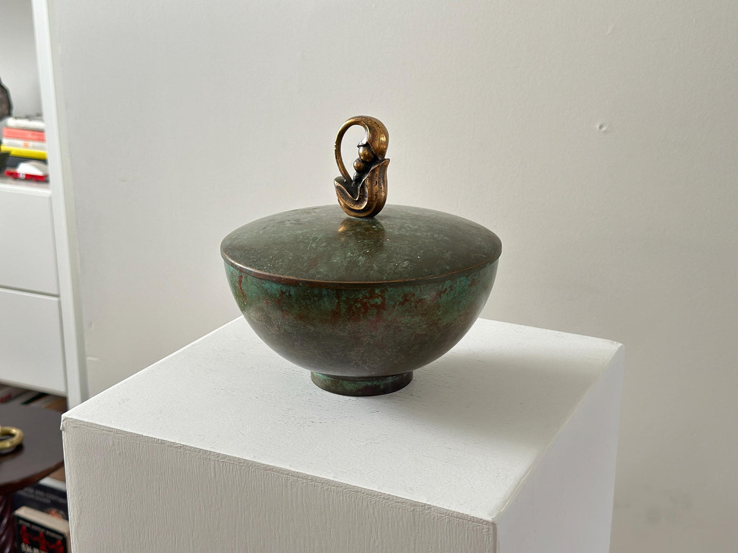 1930s – Bronze lidded bowl by Carl Sorensen with green verdigris patina