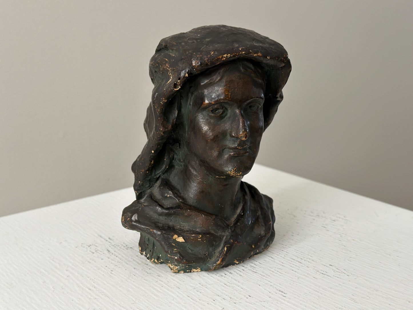 Vintage 6" signed bronze tone clay bust of a hooded man in a classical Renaissance or European aesthetic