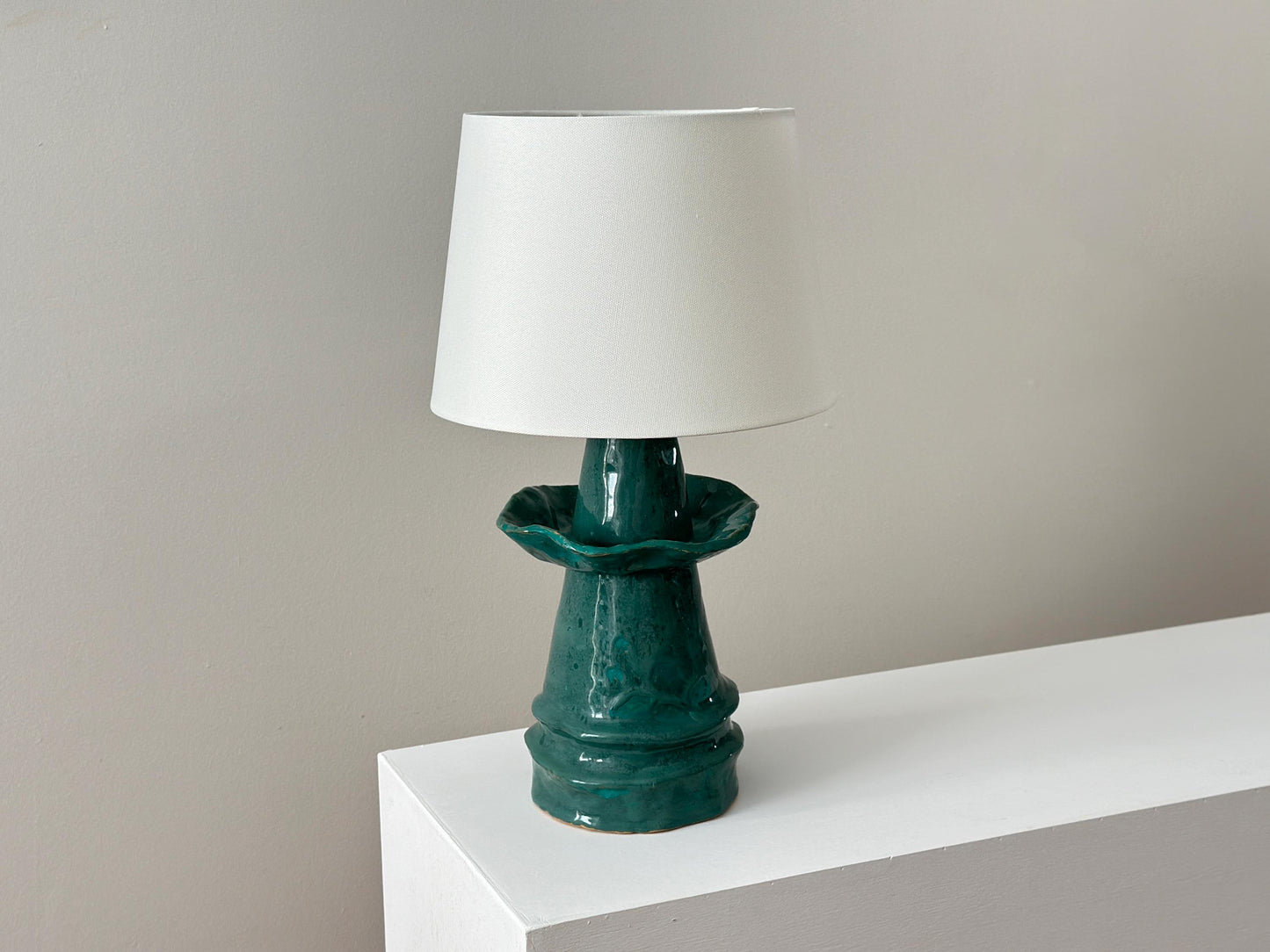 1960s – One-of-a-kind teal pottery lamp with scalloped edge and conical shape