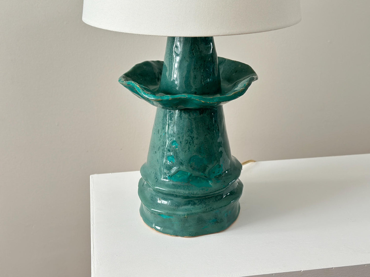 1960s – One-of-a-kind teal pottery lamp with scalloped edge and conical shape