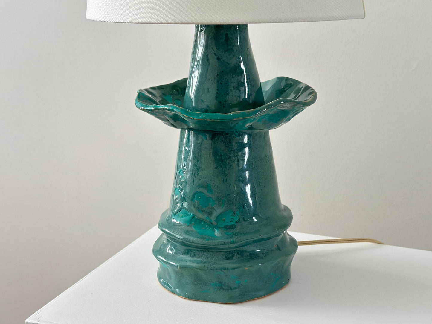 1960s – One-of-a-kind teal pottery lamp with scalloped edge and conical shape