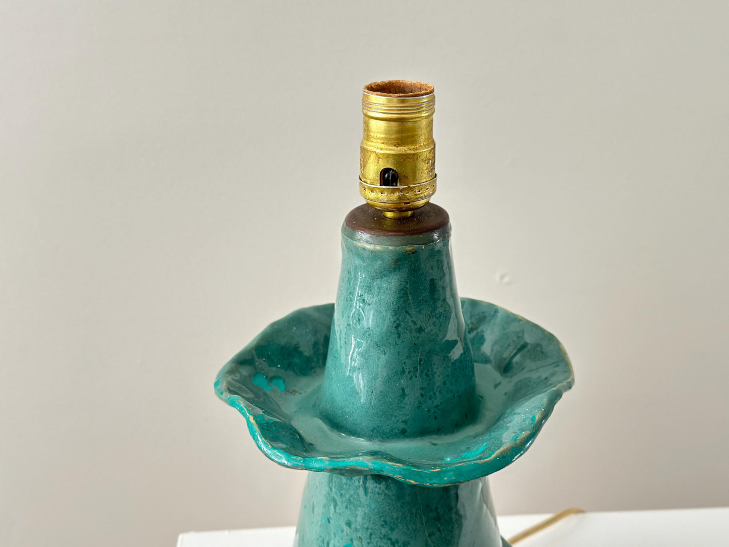 1960s – One-of-a-kind teal pottery lamp with scalloped edge and conical shape