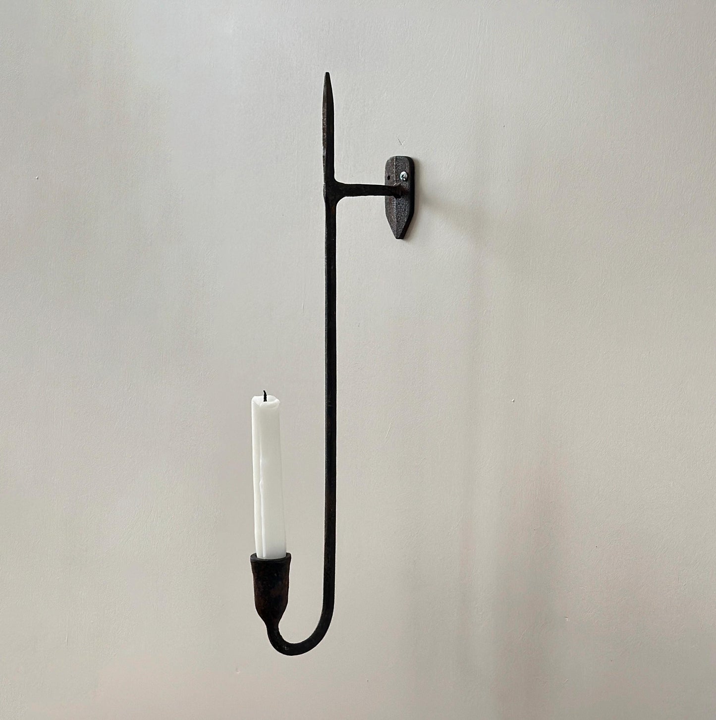 Antique tall minimalist forged iron wall candle holder sconce with great aging