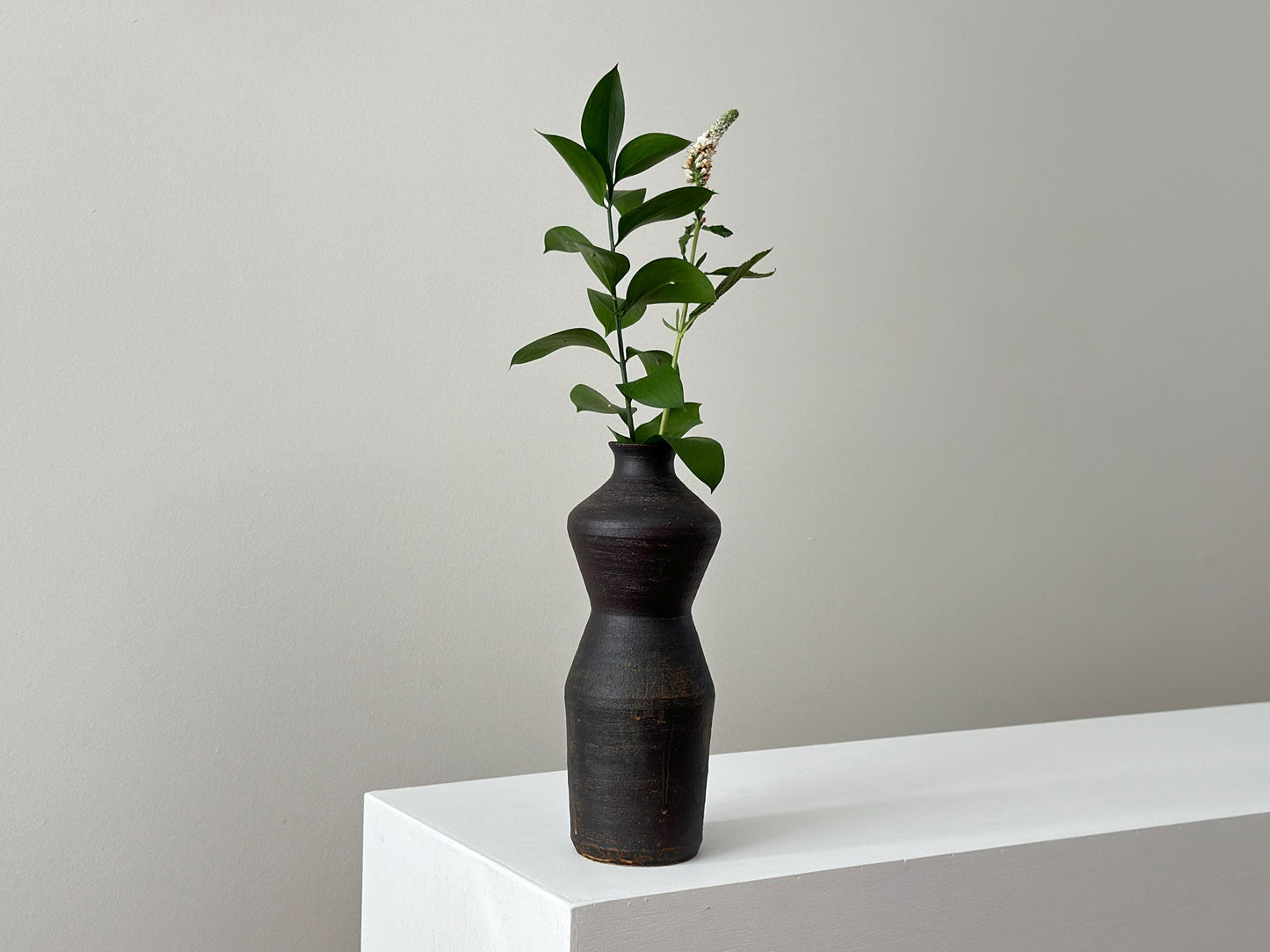 Vintage 10" studio stoneware hourglass vase with rustic charcoal texture