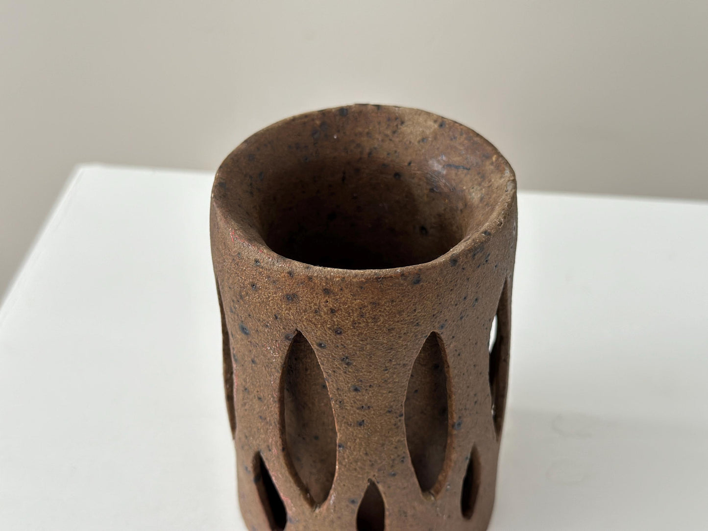 Vintage one-of-a-kind brutalist stoneware vase with double wall cutout design