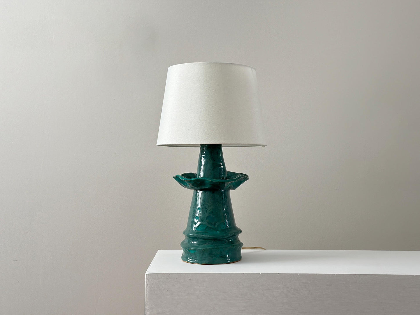 1960s – One-of-a-kind teal pottery lamp with scalloped edge and conical shape