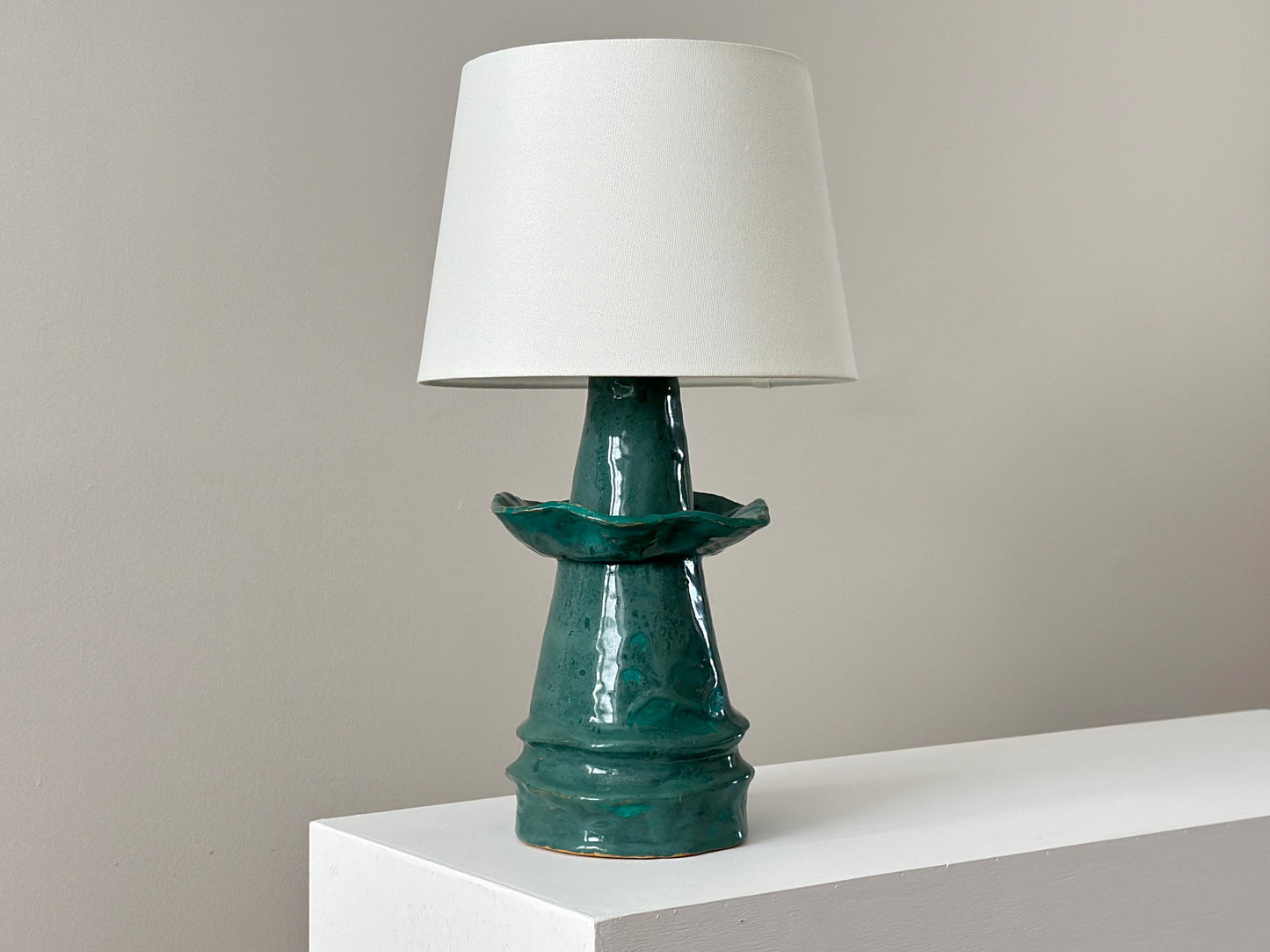 1960s – One-of-a-kind teal pottery lamp with scalloped edge and conical shape