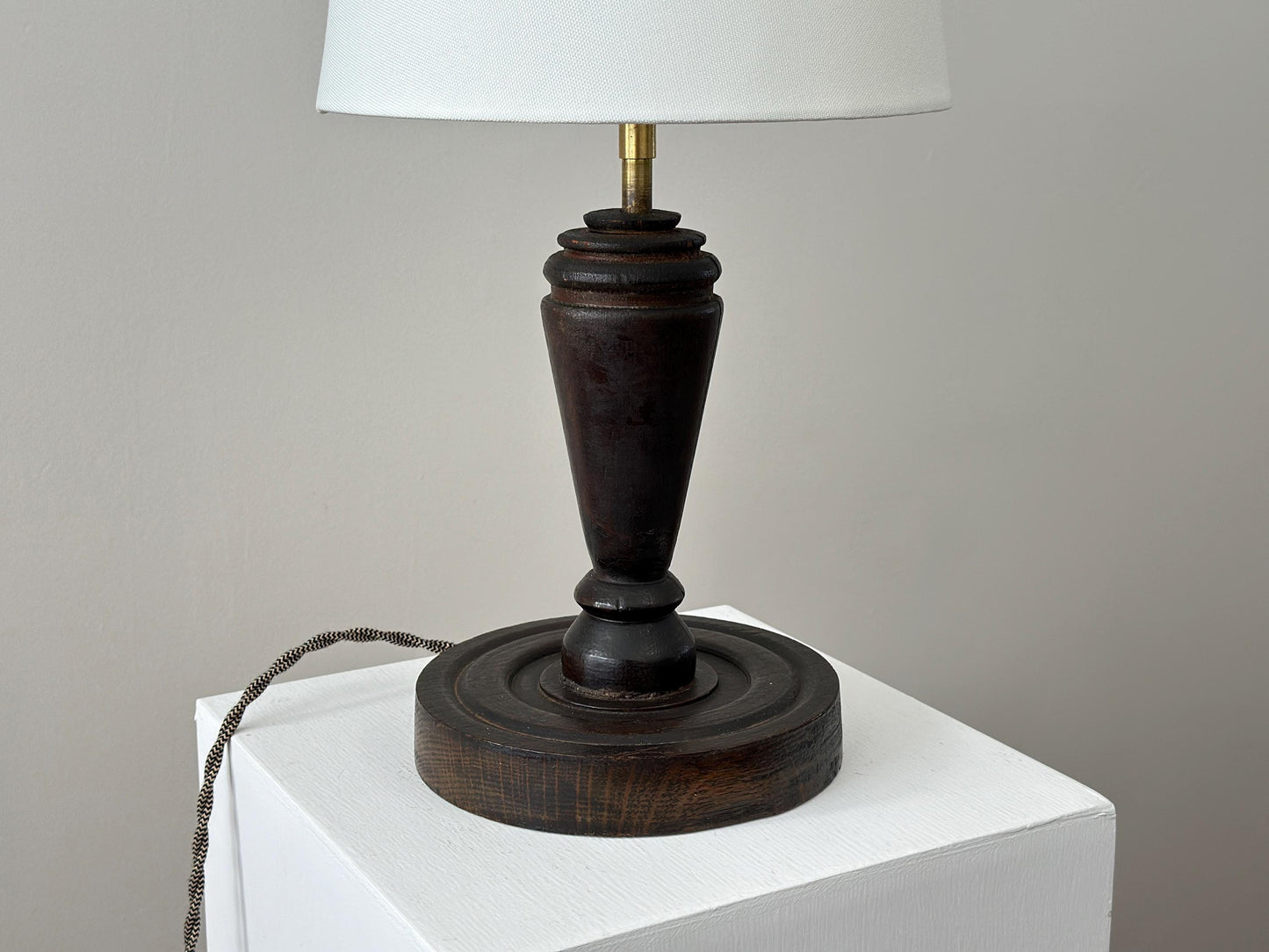 1928 – Scorched wood art deco lamp with amazing patina and texture, rewired