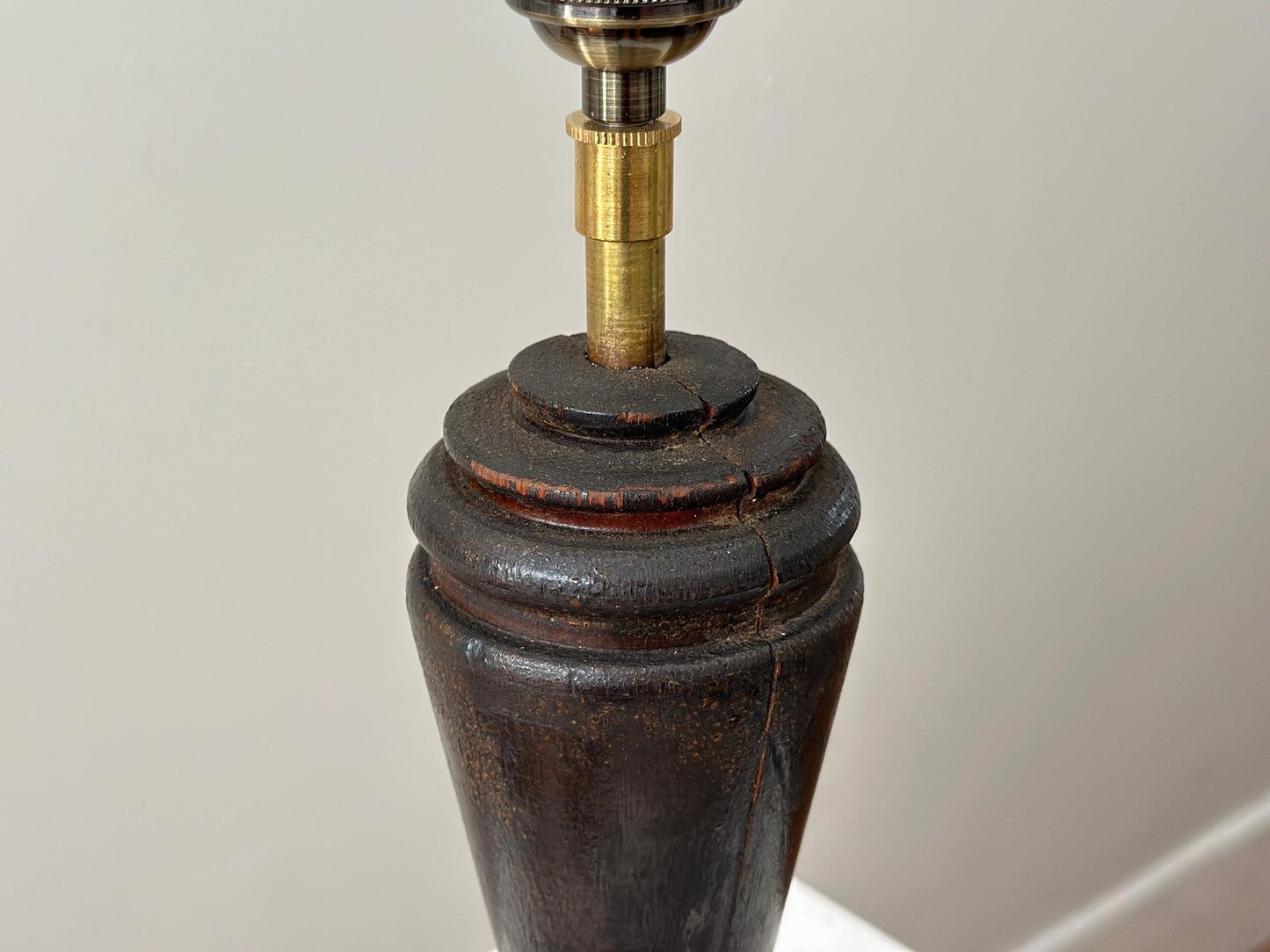 1928 – Scorched wood art deco lamp with amazing patina and texture, rewired