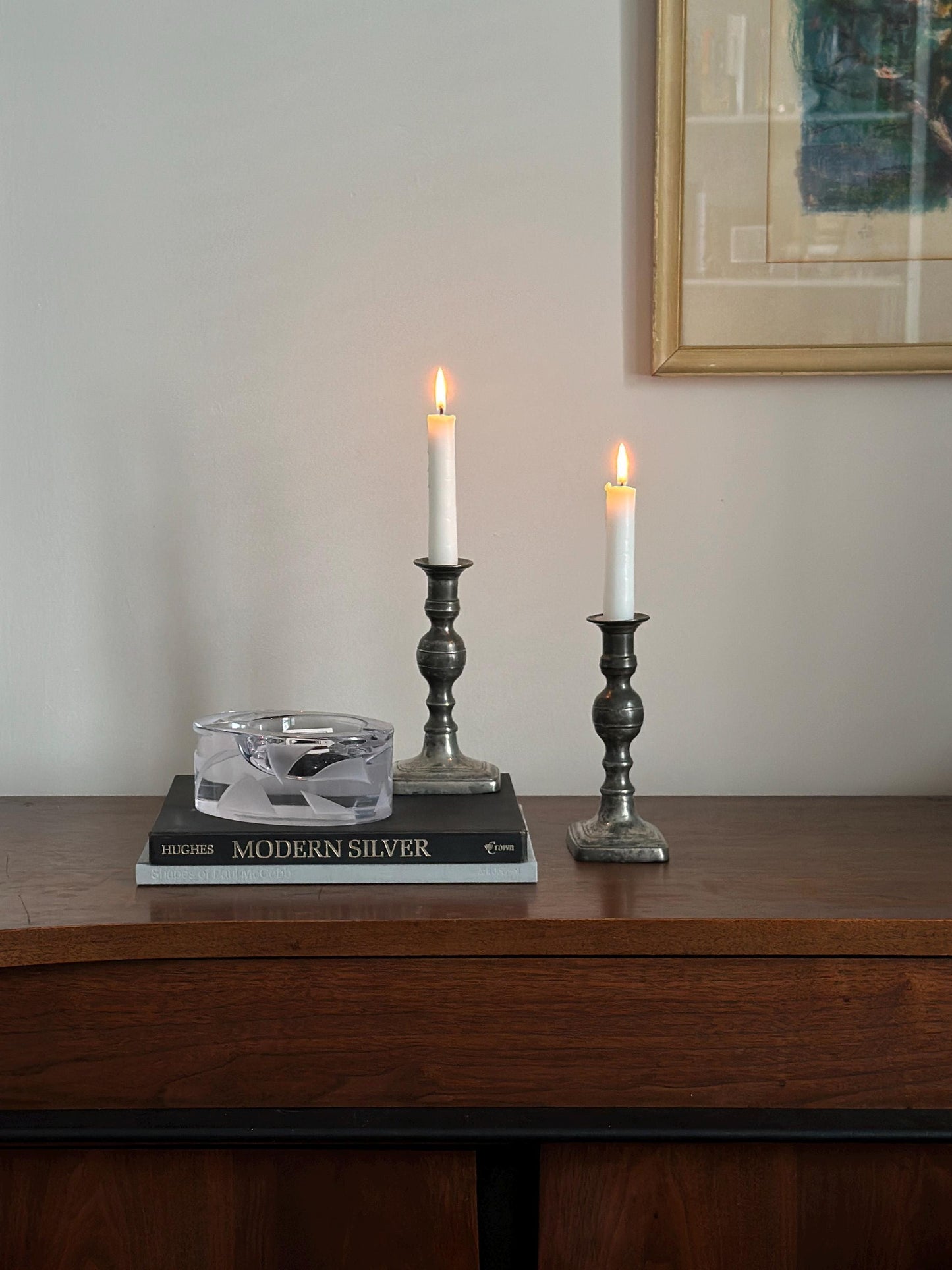 18th Century – Pair of english pewter candlesticks with crowned X, rustic and primitive