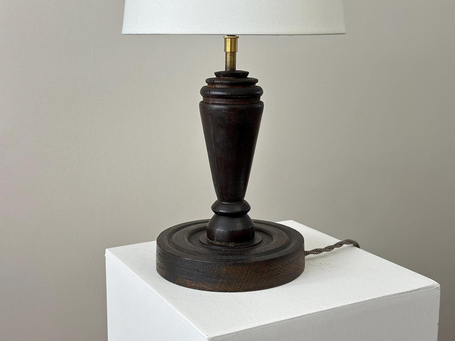 1928 – Scorched wood art deco lamp with amazing patina and texture, rewired