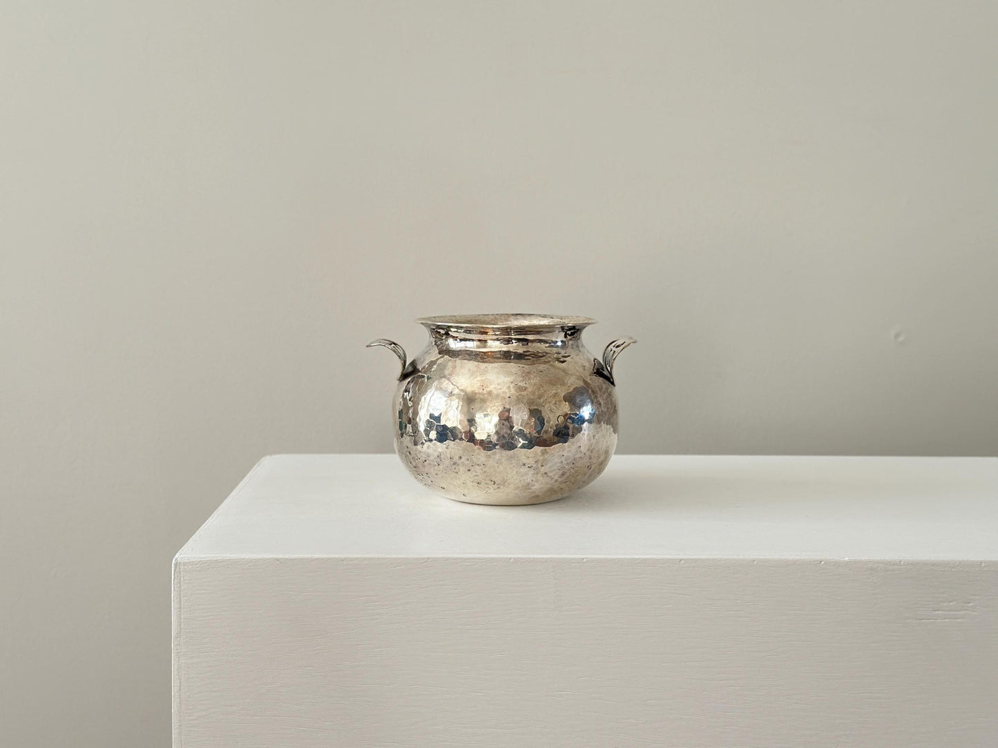 Vintage handcrafted silver plated hammered vessel with handles
