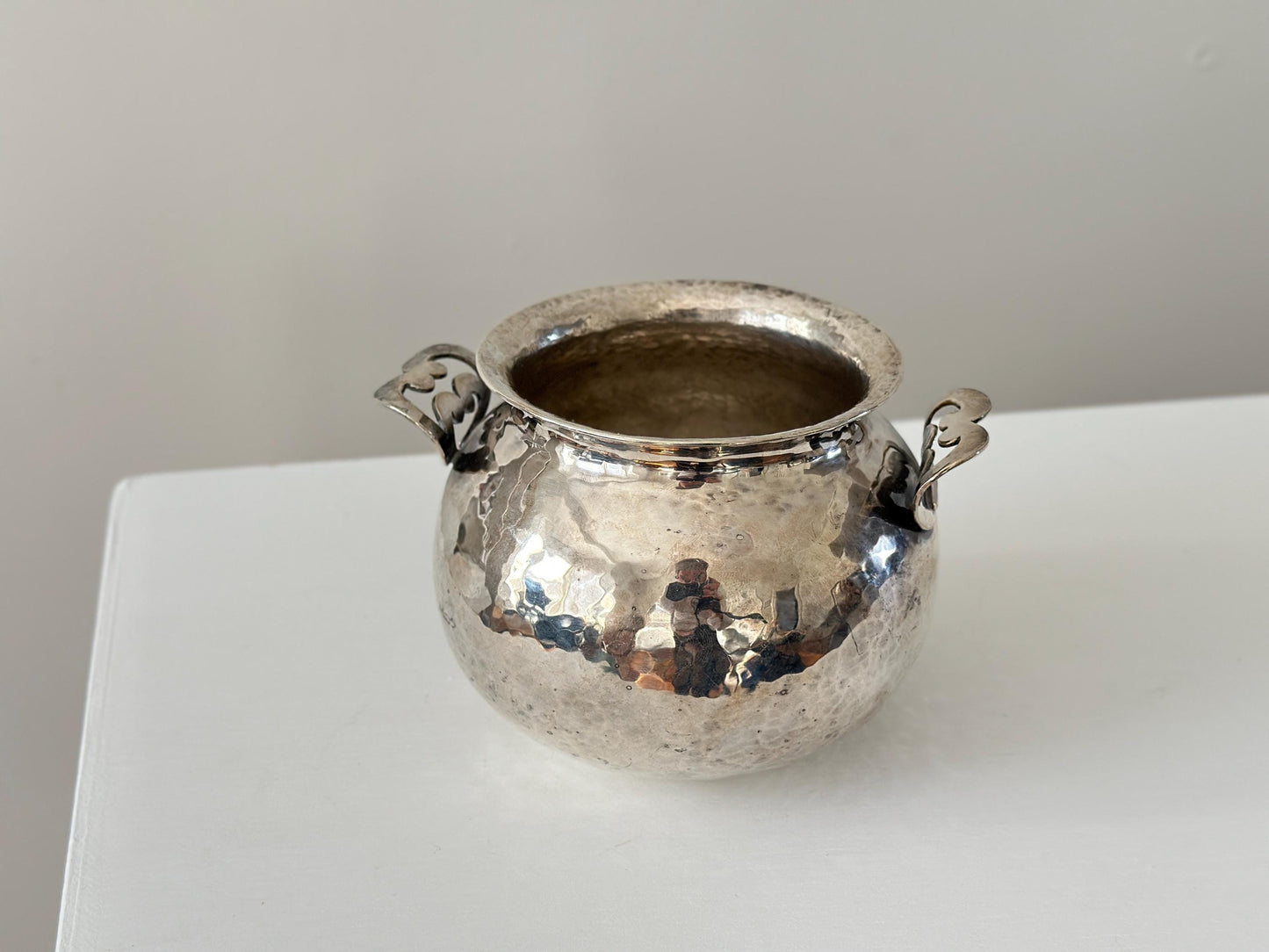 Vintage handcrafted silver plated hammered vessel with handles