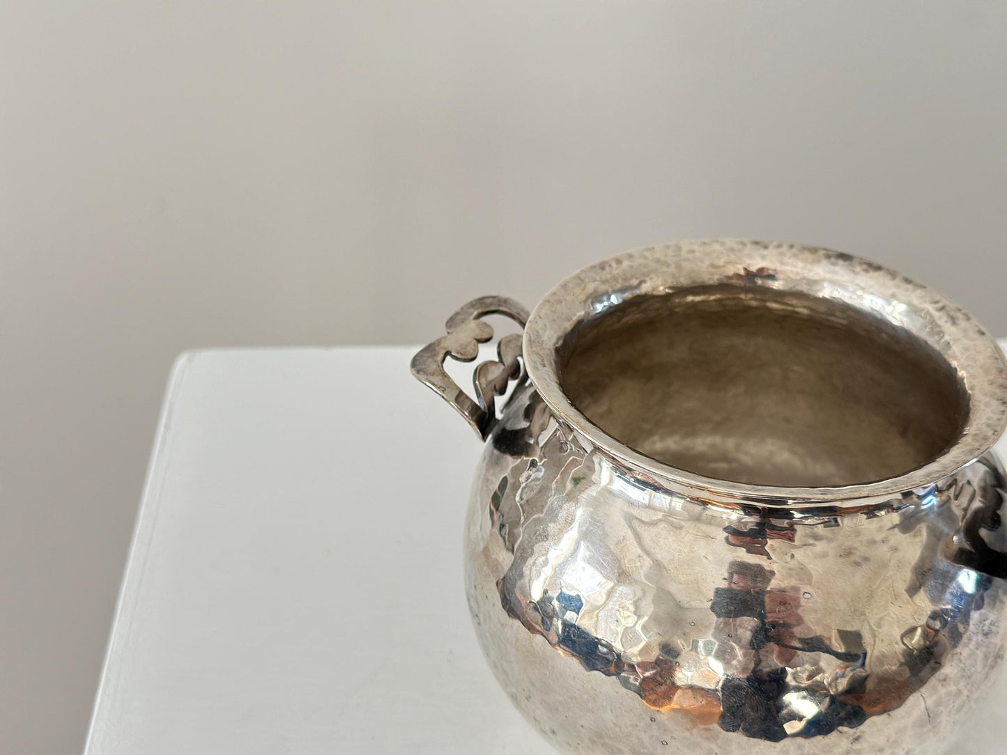 Vintage handcrafted silver plated hammered vessel with handles