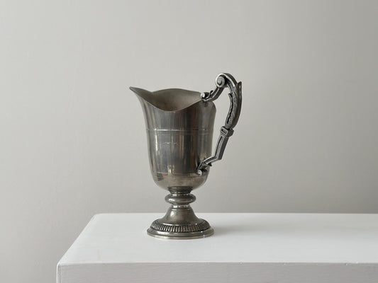 Vintage handcrafted French pewter pitcher with gothic handle and victorian styling