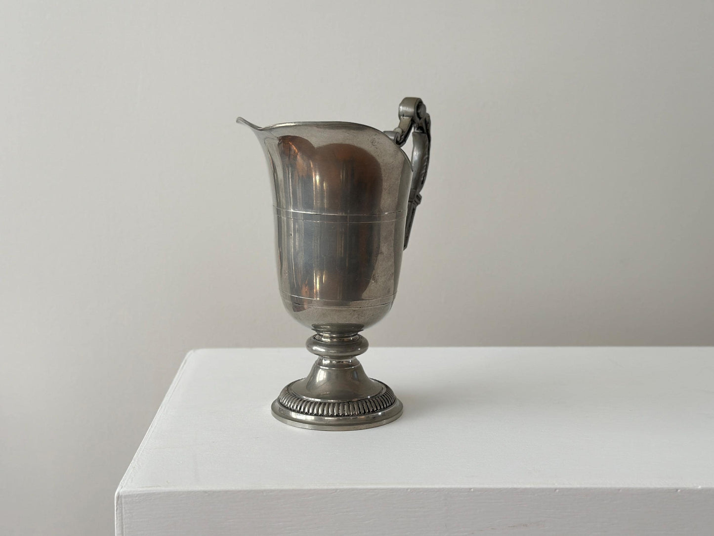Vintage handcrafted French pewter pitcher with gothic handle and victorian styling