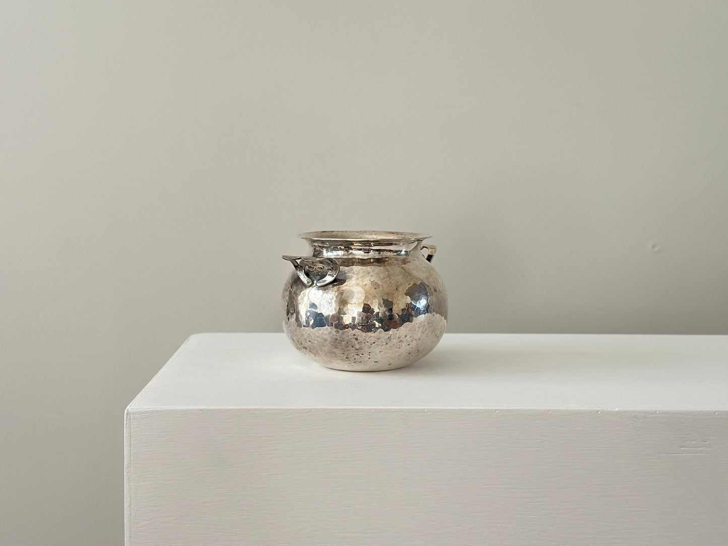 Vintage handcrafted silver plated hammered vessel with handles