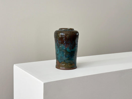 1980 – Signed studio stoneware vase with rich tones and verdigris glaze